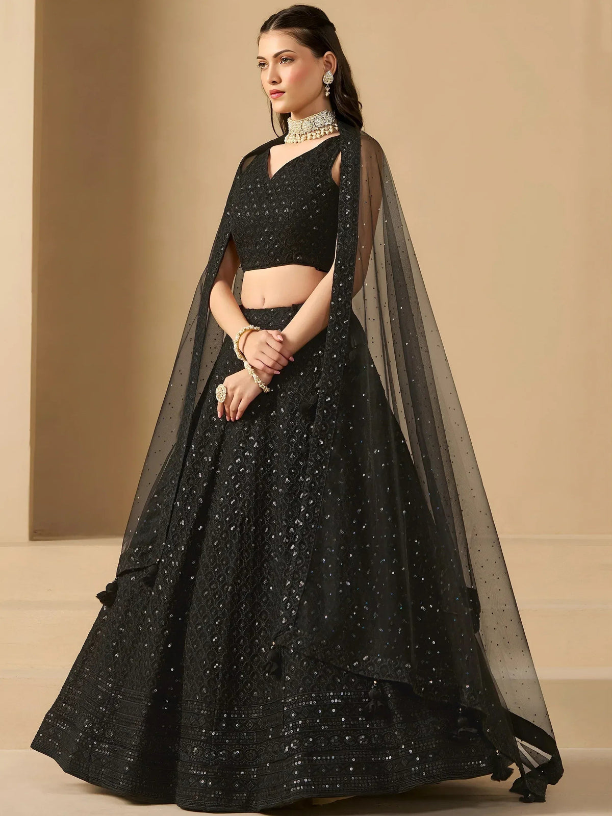 Tulsi Art Captivating Black Thread Work Georgette Party Wear Lehenga Choli | Grocsy