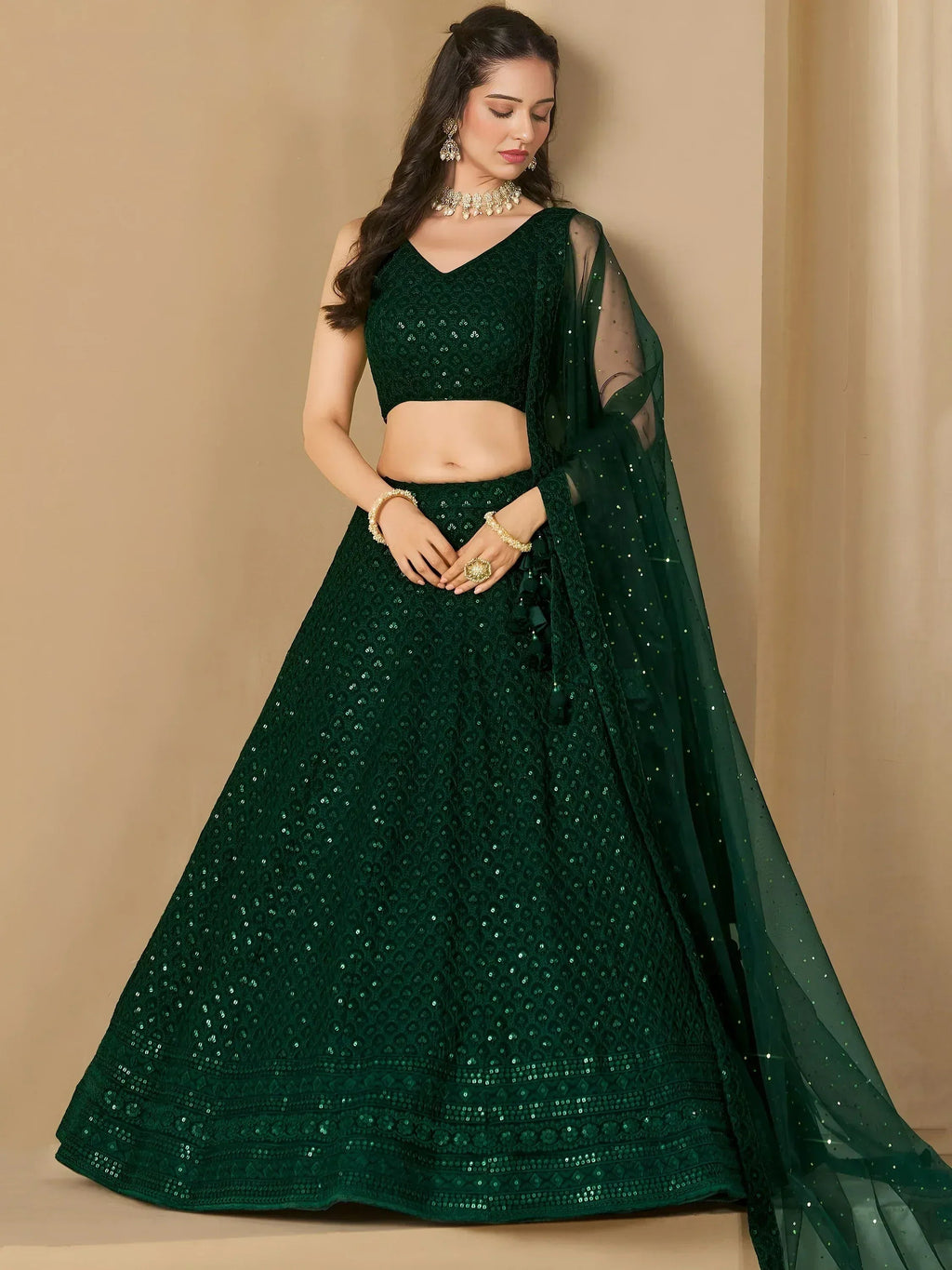 Tulsi Art Amazing Bottle Green Sequins Work Georgette Mehendi Wear Lehenga Choli | Grocsy