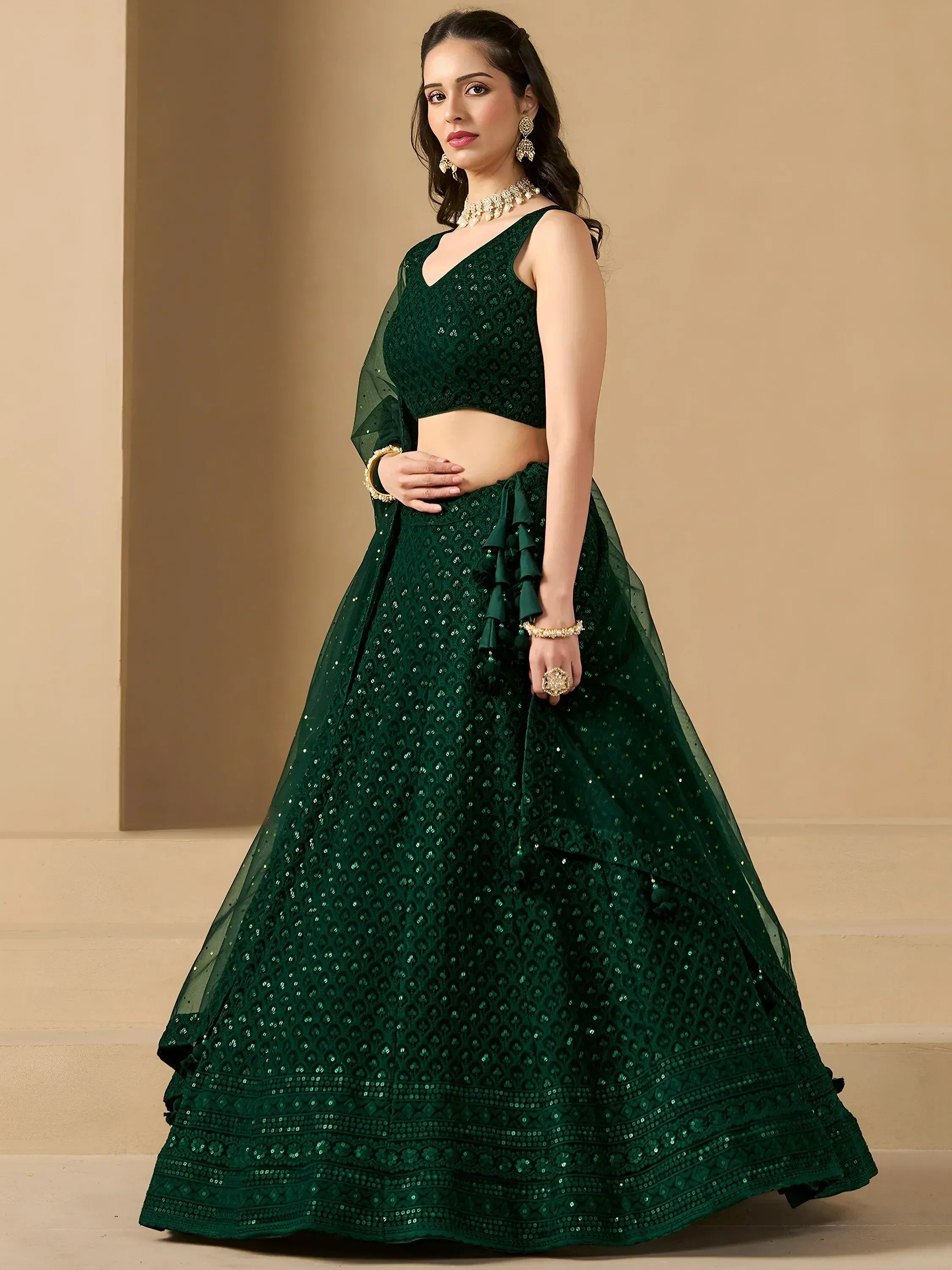 Tulsi Art Amazing Bottle Green Sequins Work Georgette Mehendi Wear Lehenga Choli | Grocsy