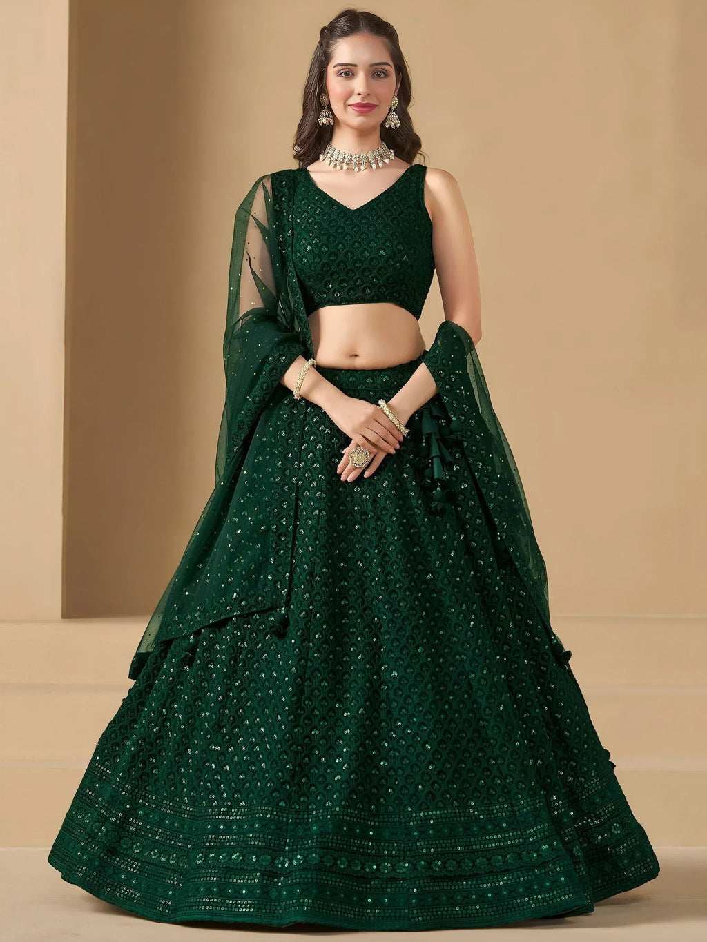 Tulsi Art Amazing Bottle Green Sequins Work Georgette Mehendi Wear Lehenga Choli | Grocsy
