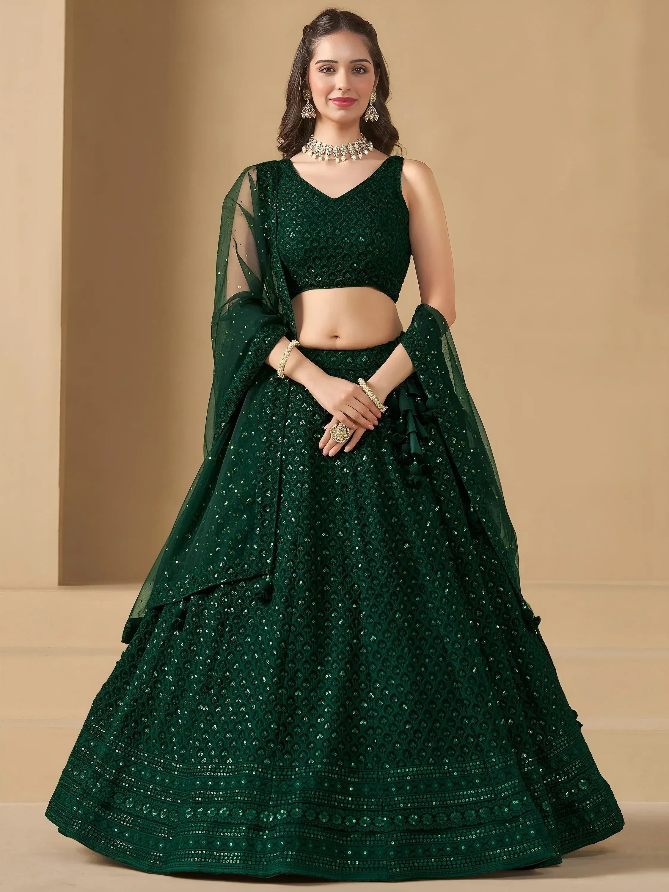 Tulsi Art Amazing Bottle Green Sequins Work Georgette Mehendi Wear Lehenga Choli | Grocsy