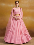 Tulsi Art Pretty Pink Thread Work Georgette Bridesmaid Lehenga Choli With Dupatta | Grocsy