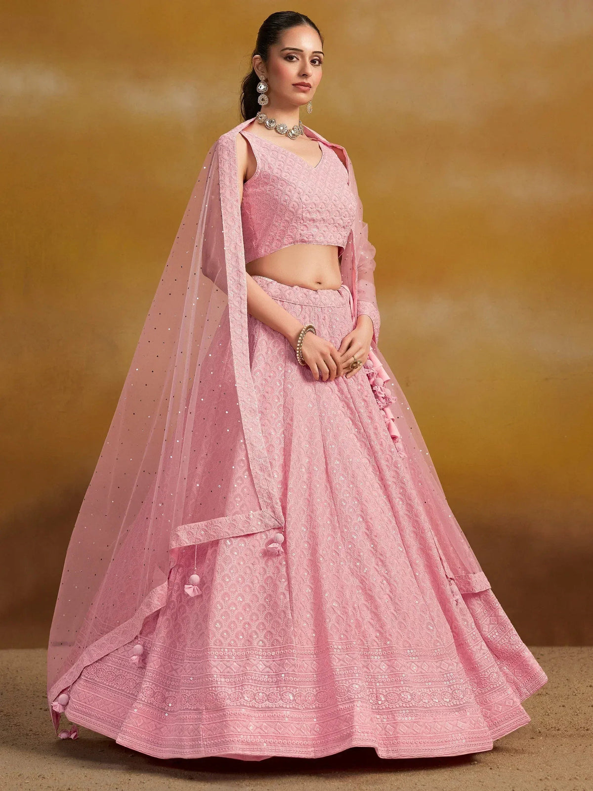 Tulsi Art Pretty Pink Thread Work Georgette Bridesmaid Lehenga Choli With Dupatta | Grocsy