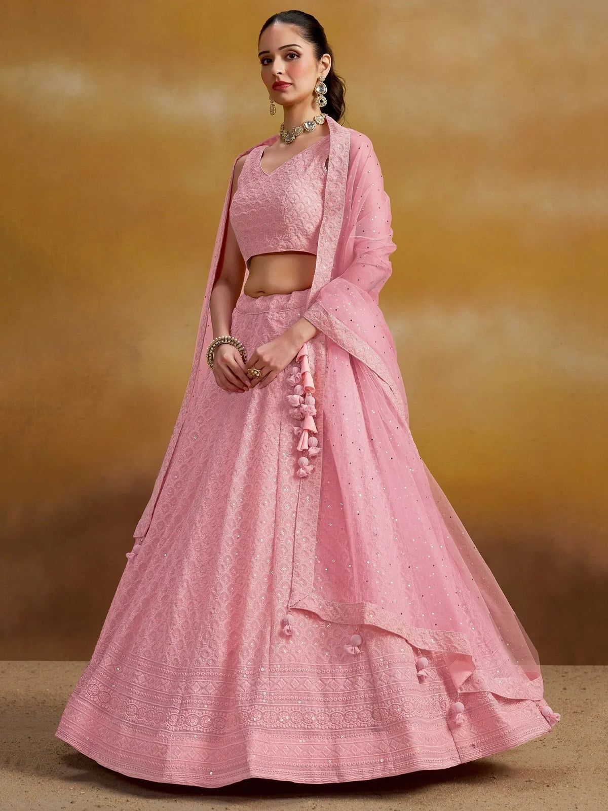 Tulsi Art Pretty Pink Thread Work Georgette Bridesmaid Lehenga Choli With Dupatta | Grocsy