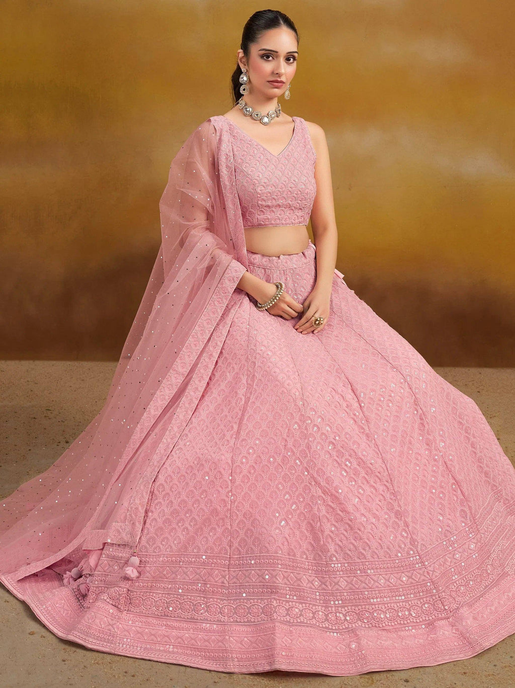 Tulsi Art Pretty Pink Thread Work Georgette Bridesmaid Lehenga Choli With Dupatta | Grocsy