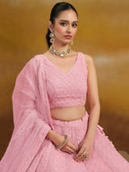 Tulsi Art Pretty Pink Thread Work Georgette Bridesmaid Lehenga Choli With Dupatta | Grocsy