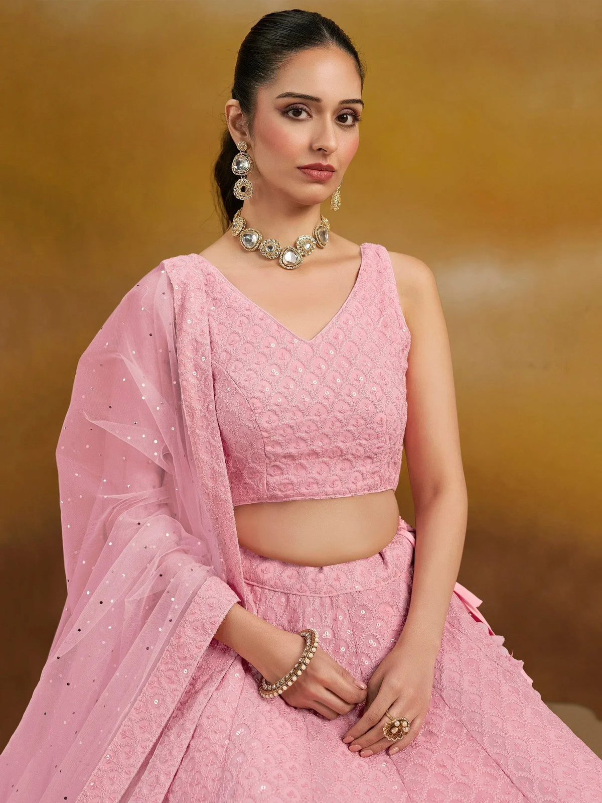 Tulsi Art Pretty Pink Thread Work Georgette Bridesmaid Lehenga Choli With Dupatta | Grocsy