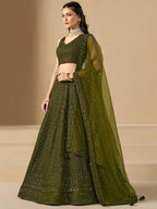 Tulsi Art Stunning Mehendi Green Sequins Georgette Monochrome Lehenga Choli | Grocsy
