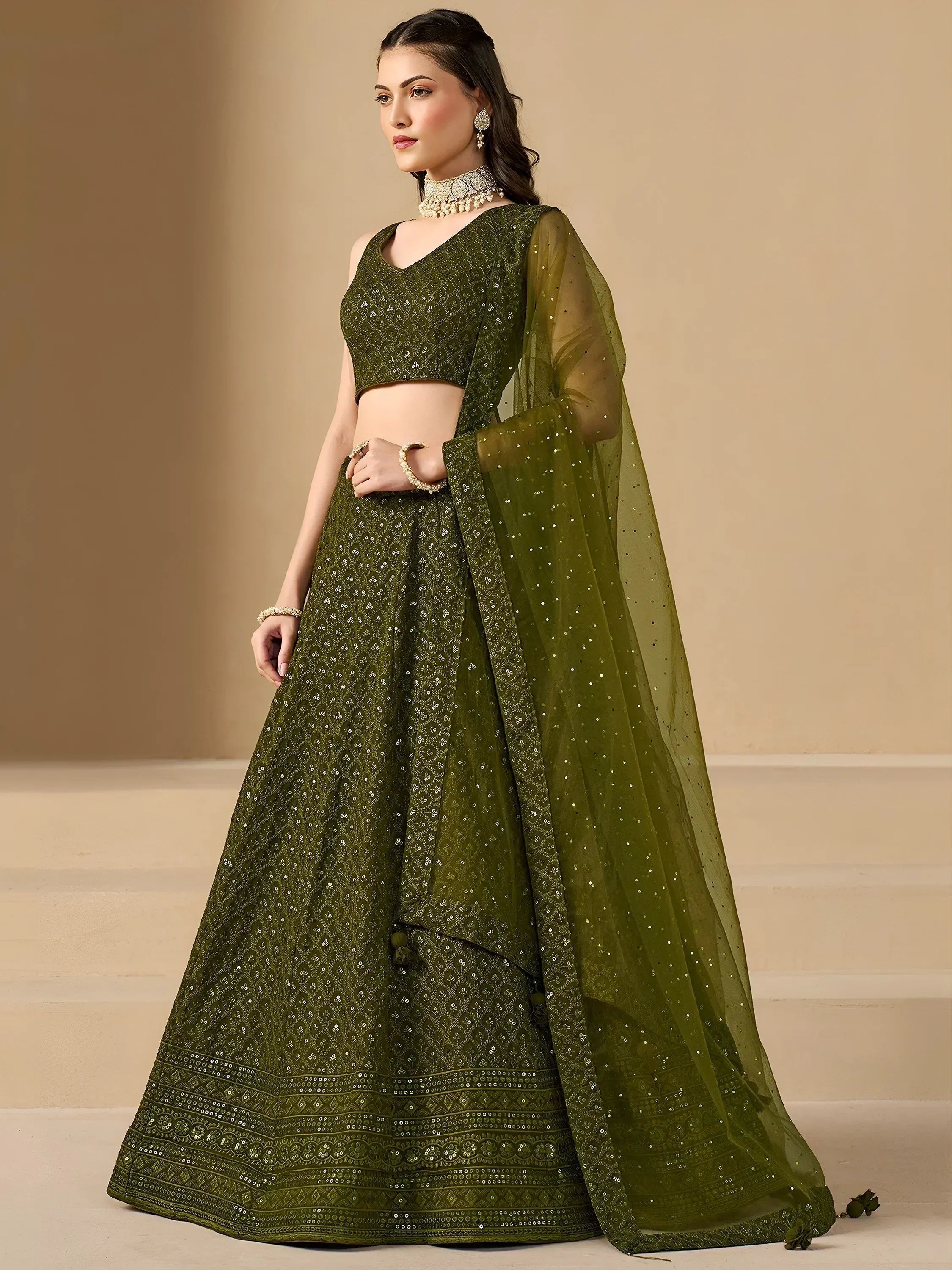Tulsi Art Stunning Mehendi Green Sequins Georgette Monochrome Lehenga Choli | Grocsy