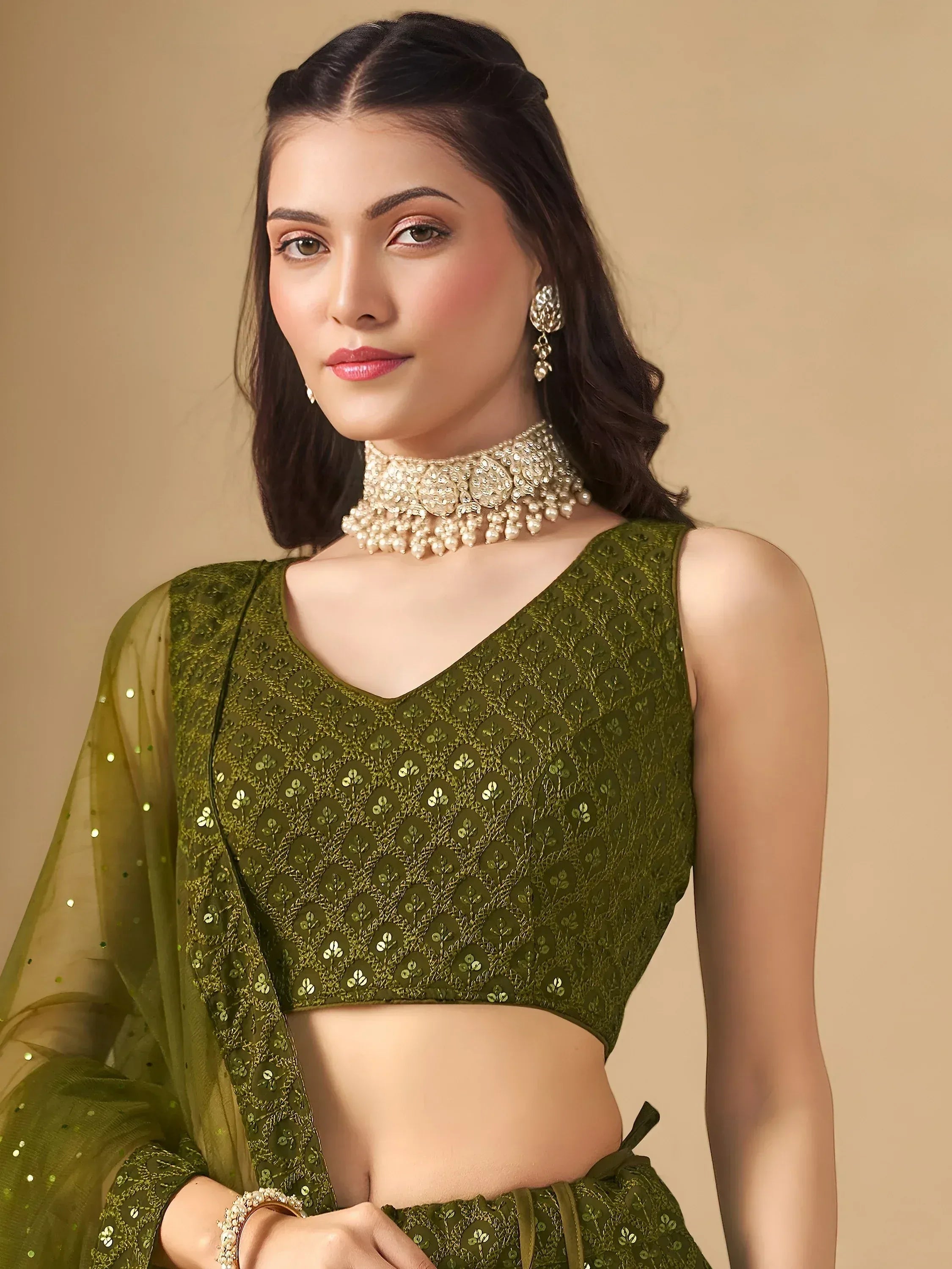 Tulsi Art Stunning Mehendi Green Sequins Georgette Monochrome Lehenga Choli | Grocsy