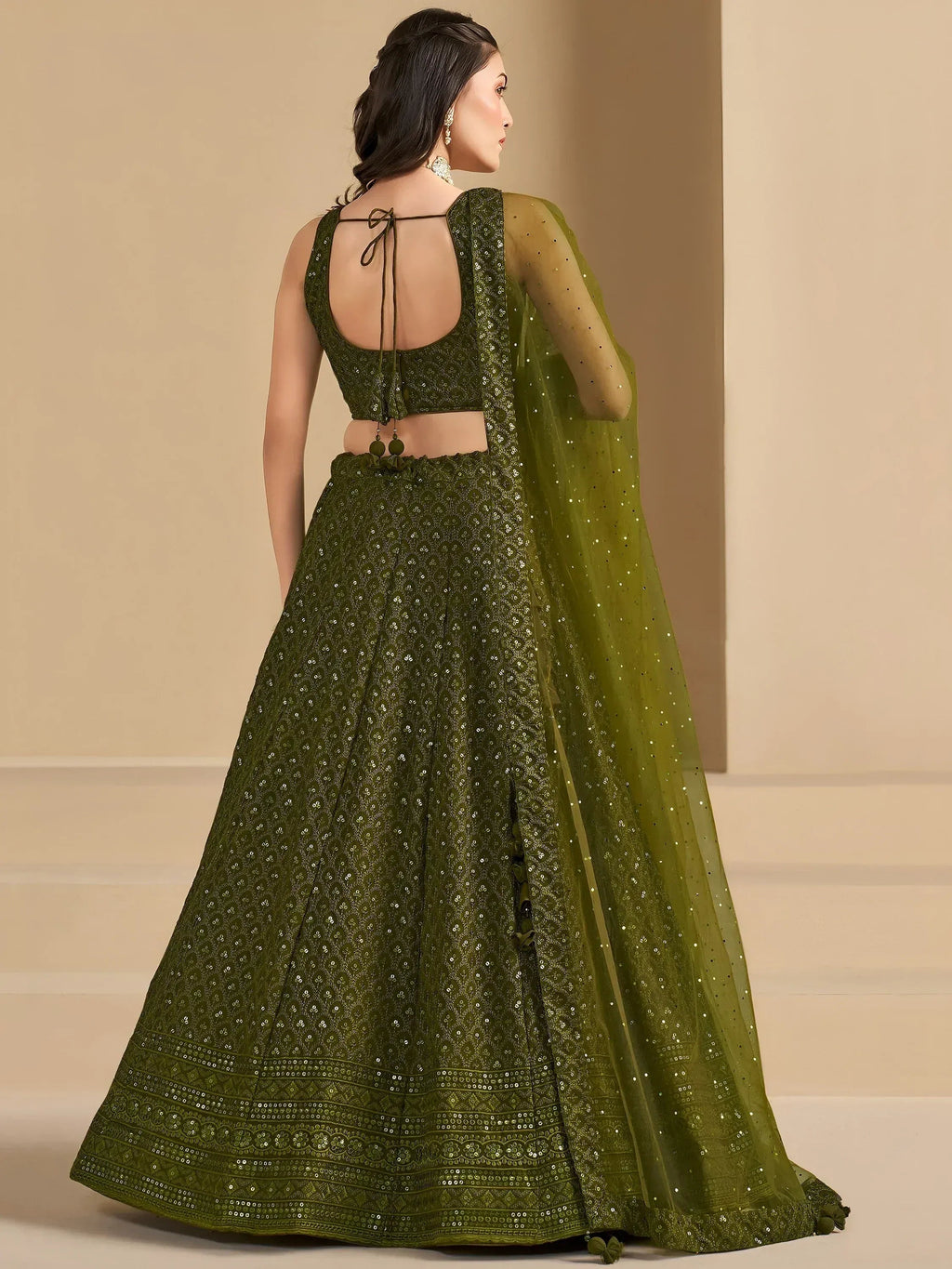 Tulsi Art Stunning Mehendi Green Sequins Georgette Monochrome Lehenga Choli | Grocsy