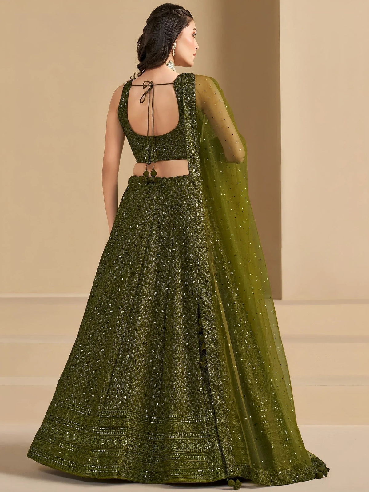 Tulsi Art Stunning Mehendi Green Sequins Georgette Monochrome Lehenga Choli | Grocsy