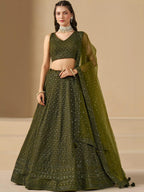 Tulsi Art Stunning Mehendi Green Sequins Georgette Monochrome Lehenga Choli | Grocsy