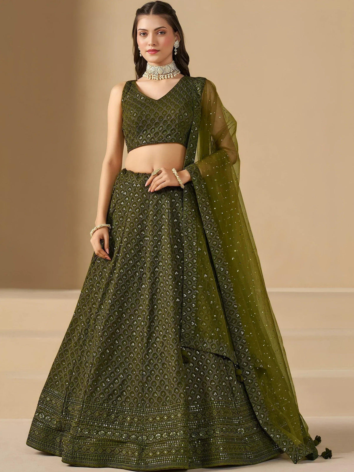 Tulsi Art Stunning Mehendi Green Sequins Georgette Monochrome Lehenga Choli | Grocsy