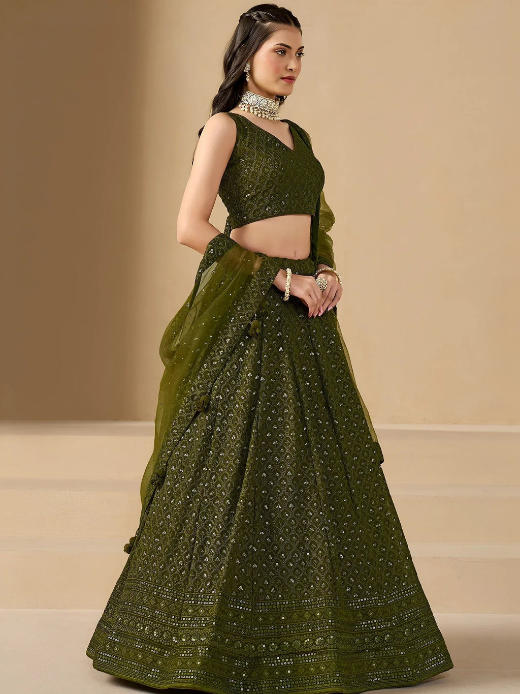 Tulsi Art Stunning Mehendi Green Sequins Georgette Monochrome Lehenga Choli | Grocsy