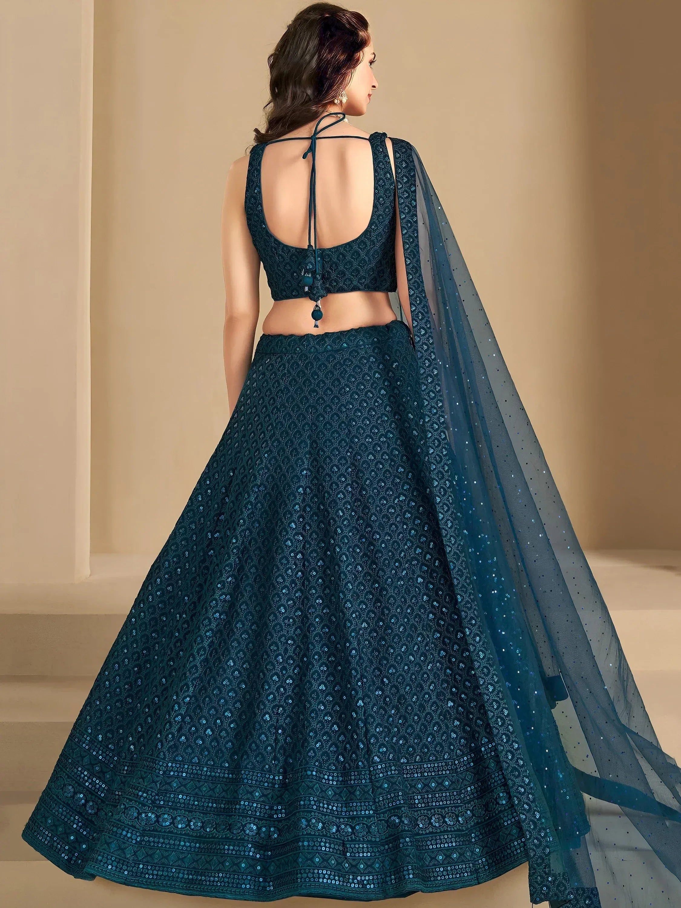 Tulsi Art Precious Teal Blue Thread Work Georgette Engagement Wear Lehenga Choli | Grocsy