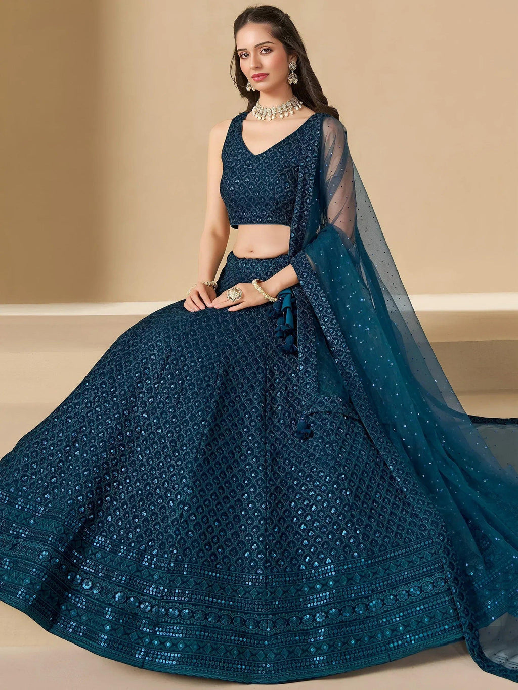 Tulsi Art Precious Teal Blue Thread Work Georgette Engagement Wear Lehenga Choli | Grocsy