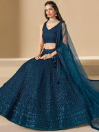 Tulsi Art Precious Teal Blue Thread Work Georgette Engagement Wear Lehenga Choli | Grocsy