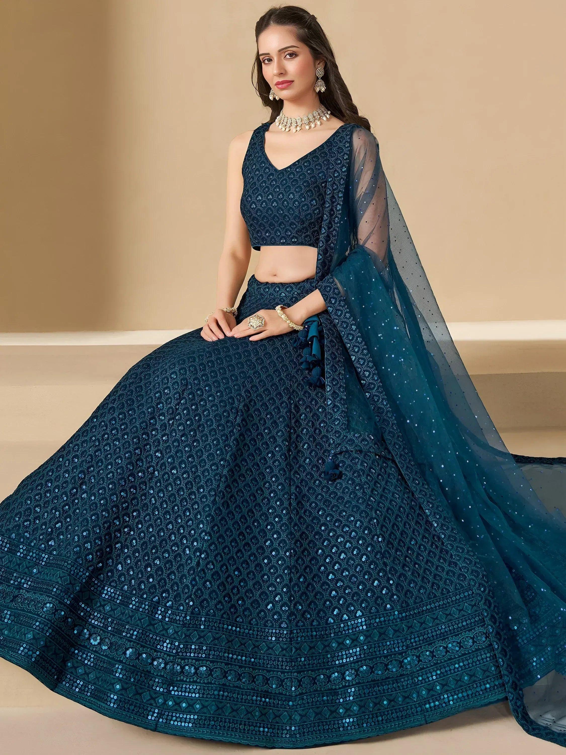Tulsi Art Precious Teal Blue Thread Work Georgette Engagement Wear Lehenga Choli | Grocsy