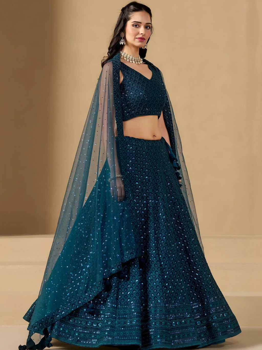 Tulsi Art Precious Teal Blue Thread Work Georgette Engagement Wear Lehenga Choli | Grocsy