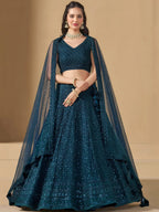 Tulsi Art Precious Teal Blue Thread Work Georgette Engagement Wear Lehenga Choli | Grocsy