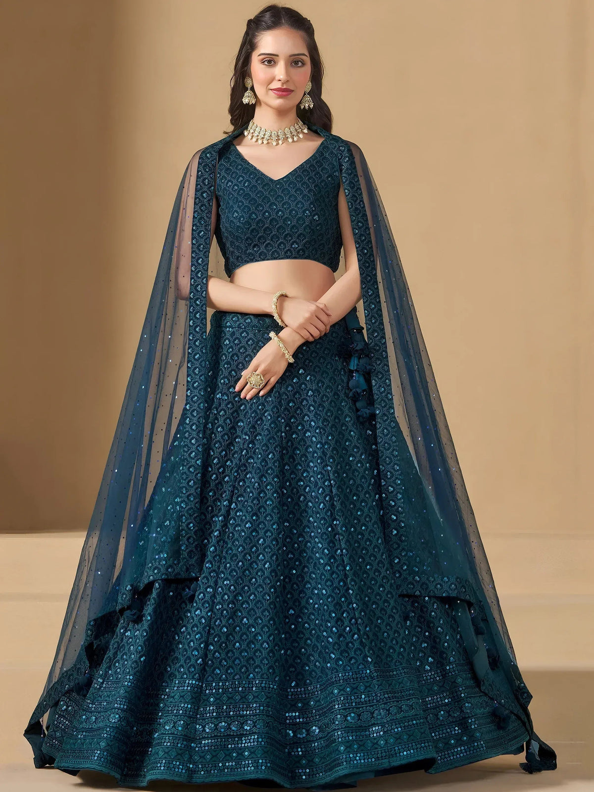 Tulsi Art Precious Teal Blue Thread Work Georgette Engagement Wear Lehenga Choli | Grocsy