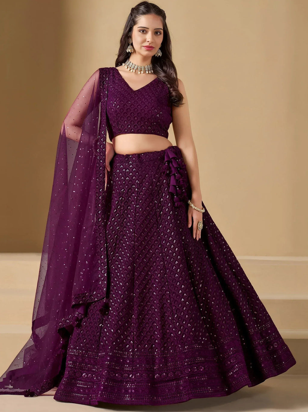Tulsi Art Lovable Wine Thread Embroidery Georgette Reception Wear Lehenga Choli | Grocsy