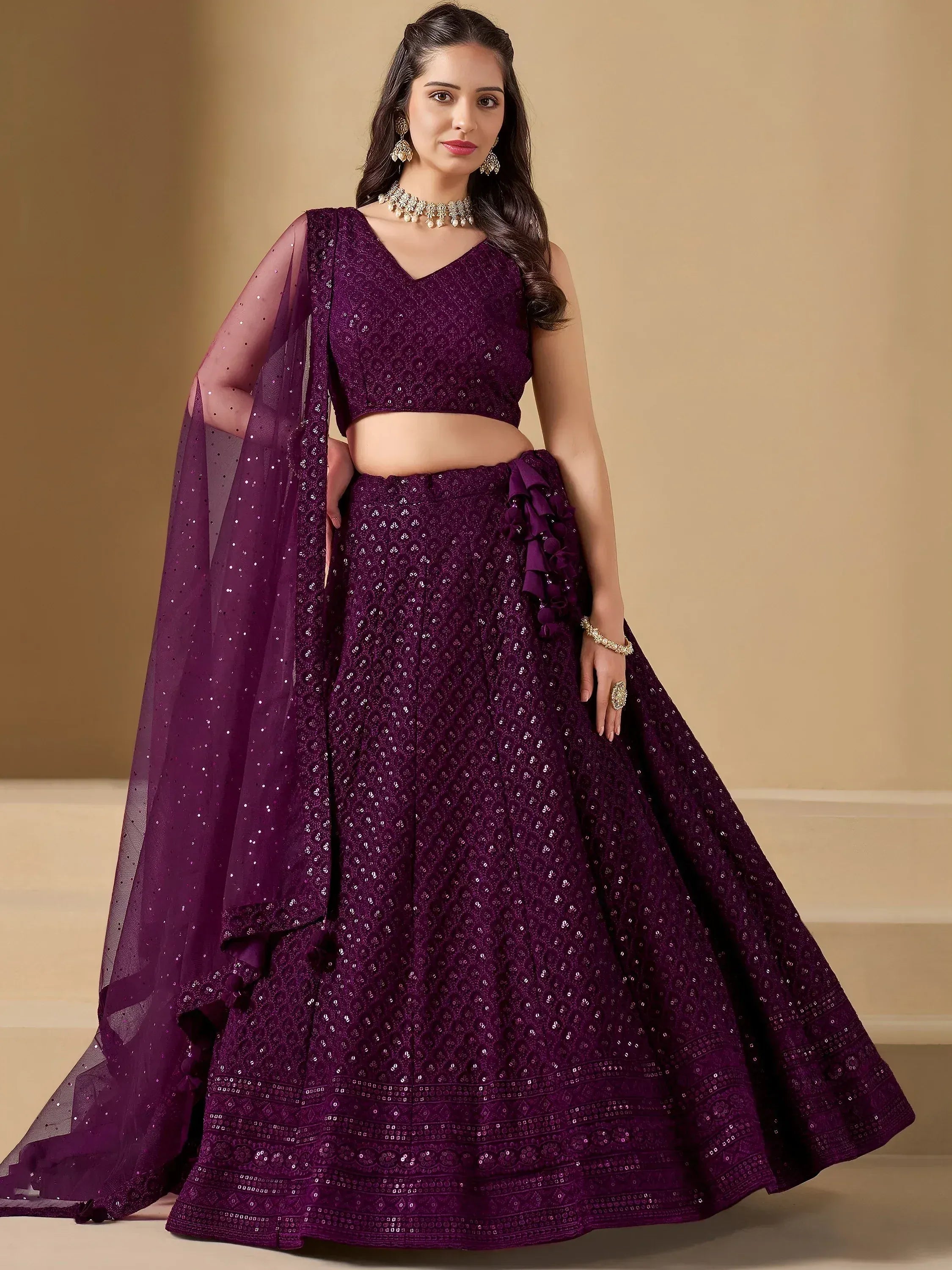 Tulsi Art Lovable Wine Thread Embroidery Georgette Reception Wear Lehenga Choli | Grocsy
