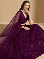 Tulsi Art Lovable Wine Thread Embroidery Georgette Reception Wear Lehenga Choli | Grocsy