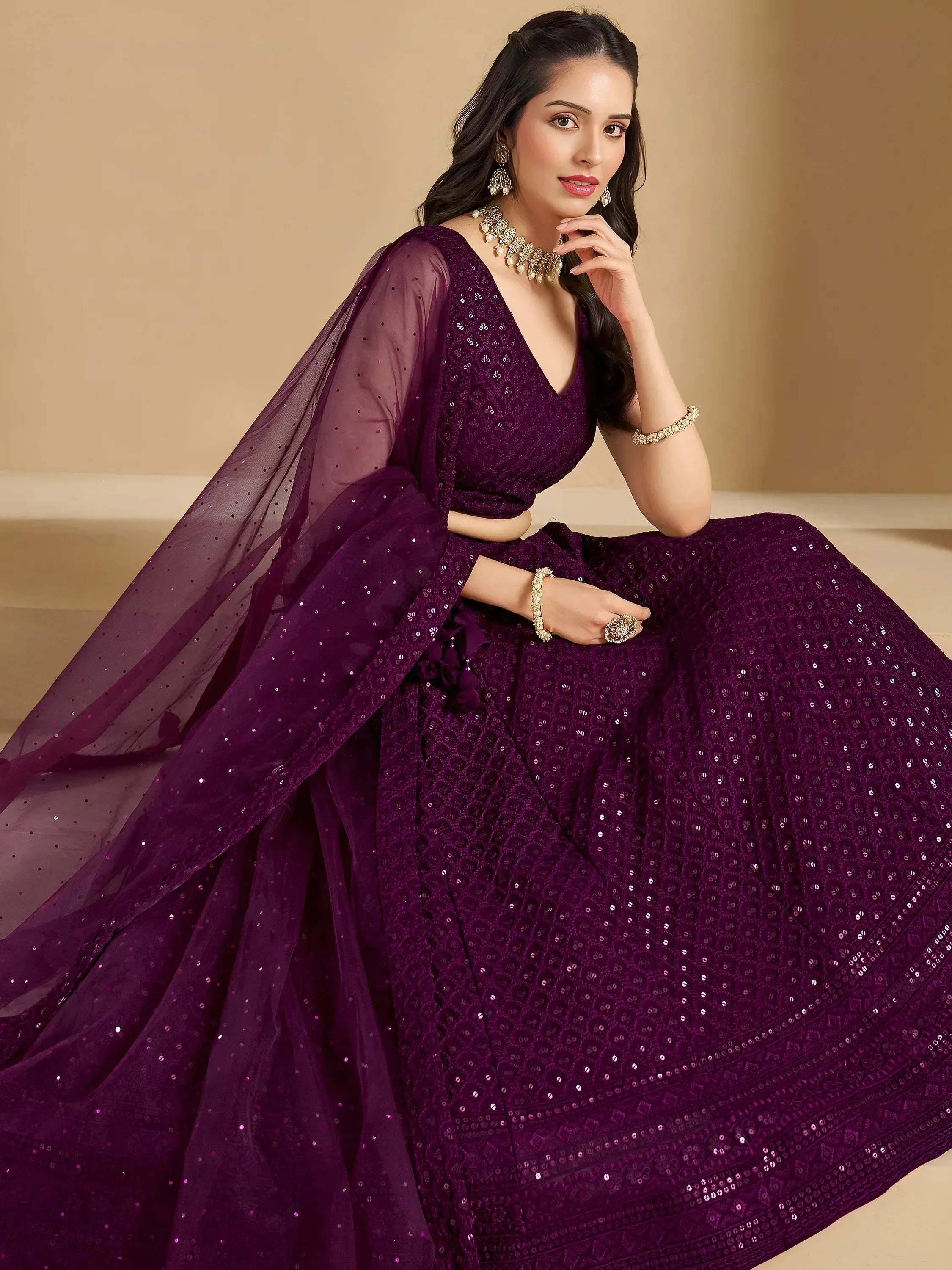 Tulsi Art Lovable Wine Thread Embroidery Georgette Reception Wear Lehenga Choli | Grocsy
