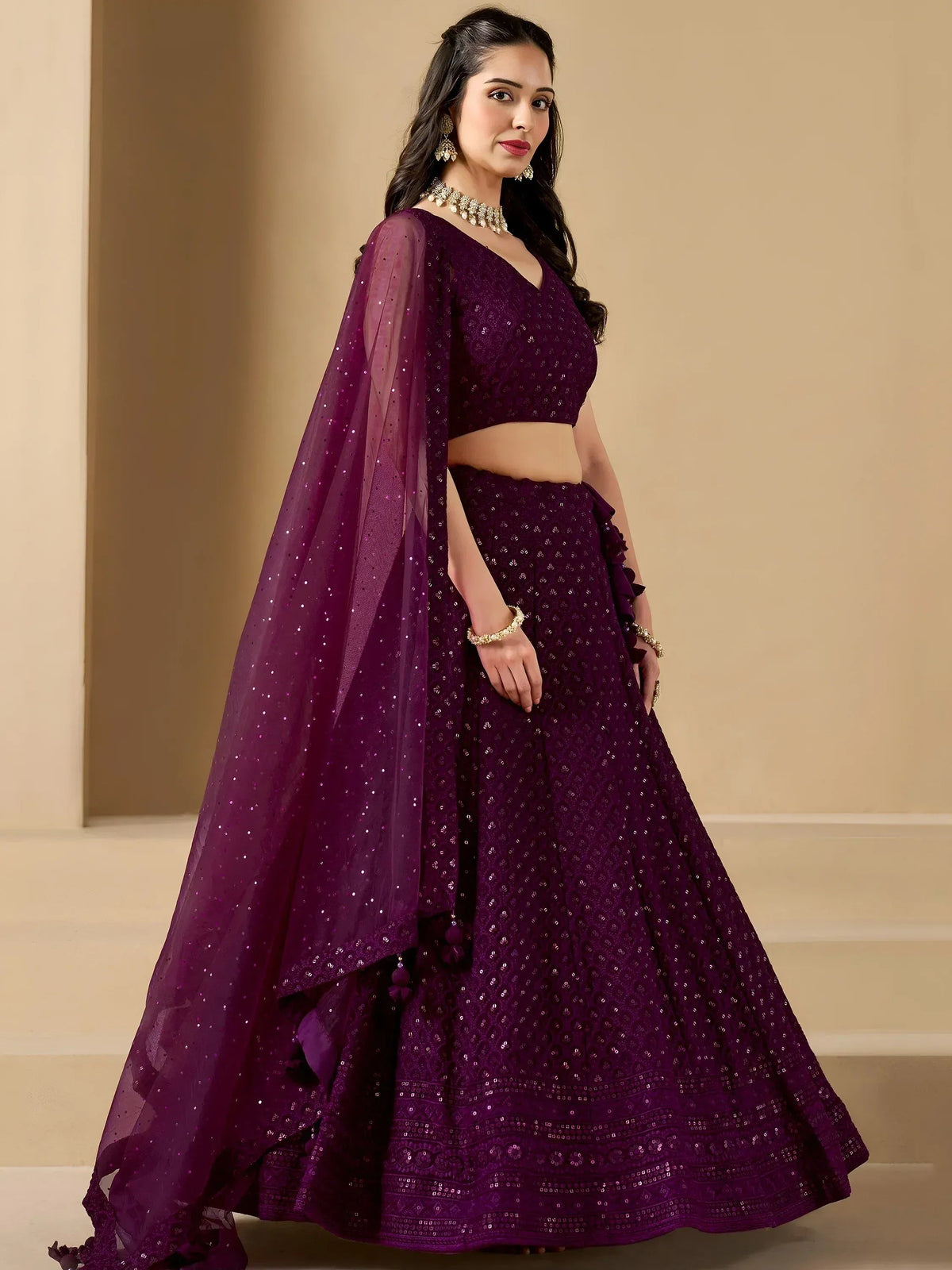 Tulsi Art Lovable Wine Thread Embroidery Georgette Reception Wear Lehenga Choli | Grocsy