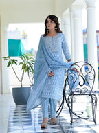 Juniper Women's Grey Cotton Printed Straight Kurta Pant Dupatta Set | Grocsy
