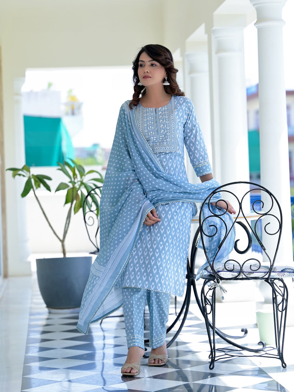 Juniper Women's Grey Cotton Printed Straight Kurta Pant Dupatta Set | Grocsy