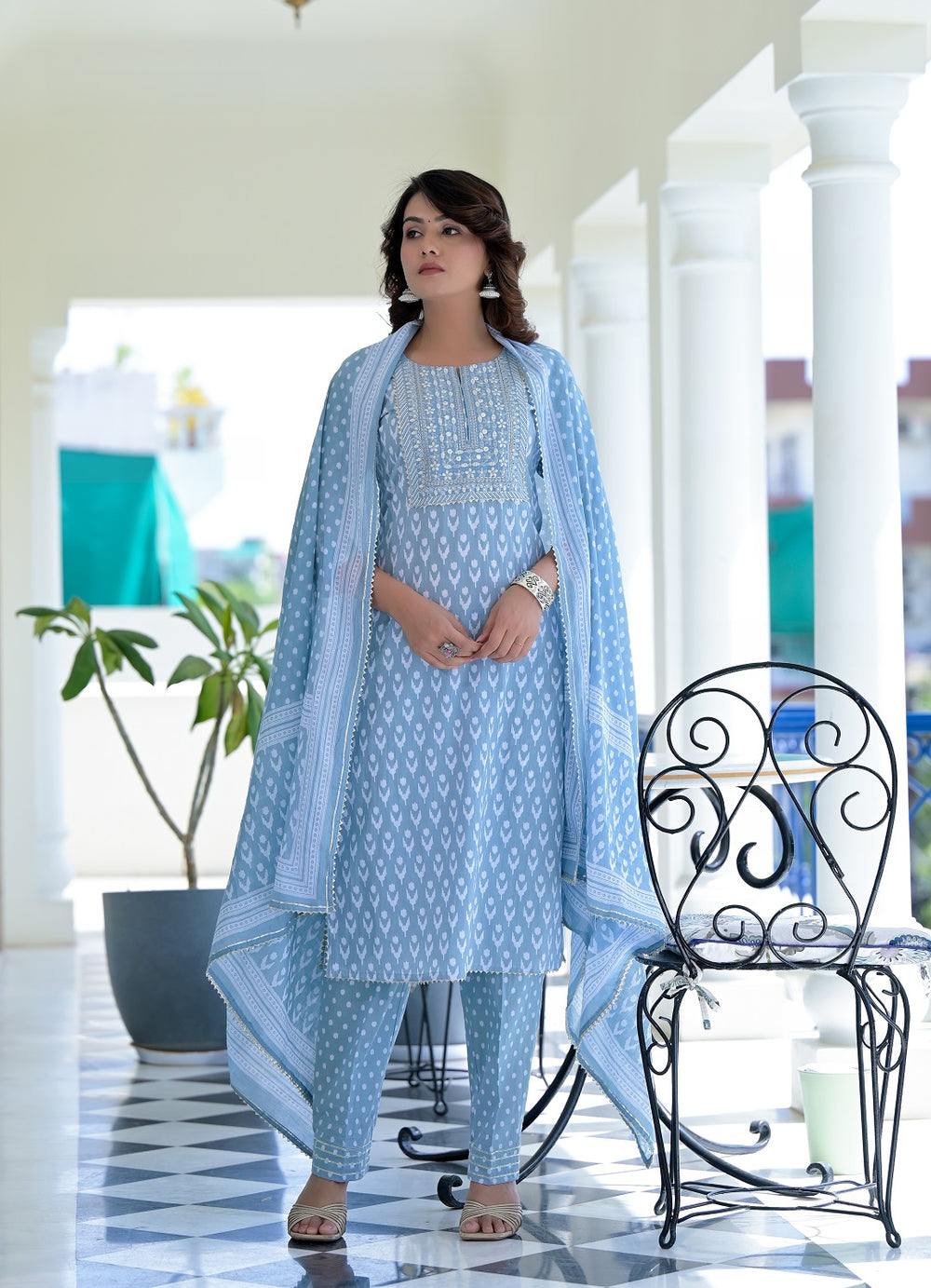Juniper Women's Grey Cotton Printed Straight Kurta Pant Dupatta Set | Grocsy