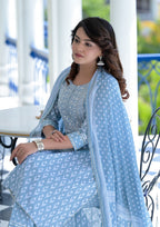 Juniper Women's Grey Cotton Printed Straight Kurta Pant Dupatta Set | Grocsy
