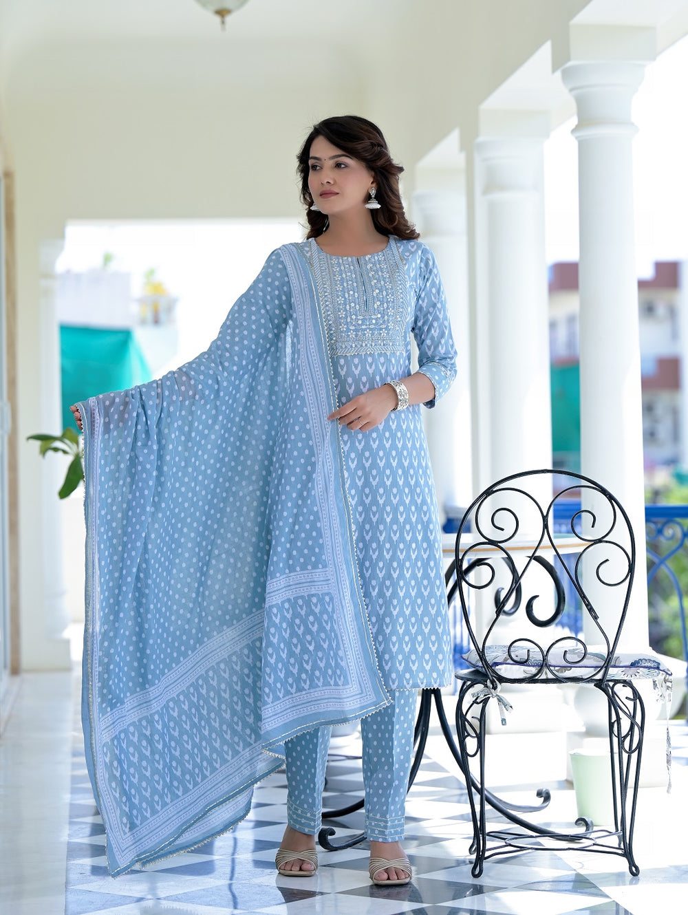 Juniper Women's Grey Cotton Printed Straight Kurta Pant Dupatta Set | Grocsy