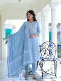 Juniper Women's Grey Cotton Printed Straight Kurta Pant Dupatta Set | Grocsy