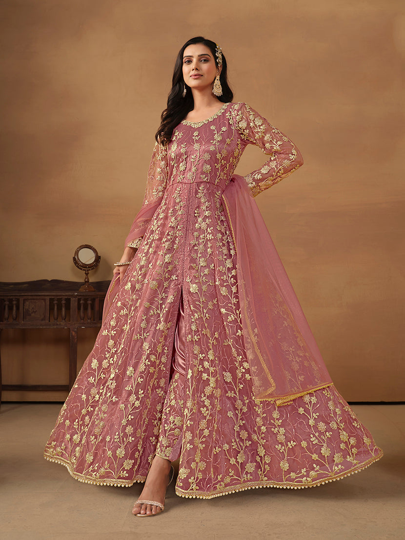 Monjolika Fashion Net Embroidered Pant Style Suit In Pink | Grocsy
