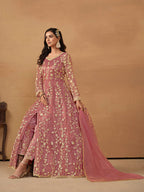 Monjolika Fashion Net Embroidered Pant Style Suit In Pink | Grocsy