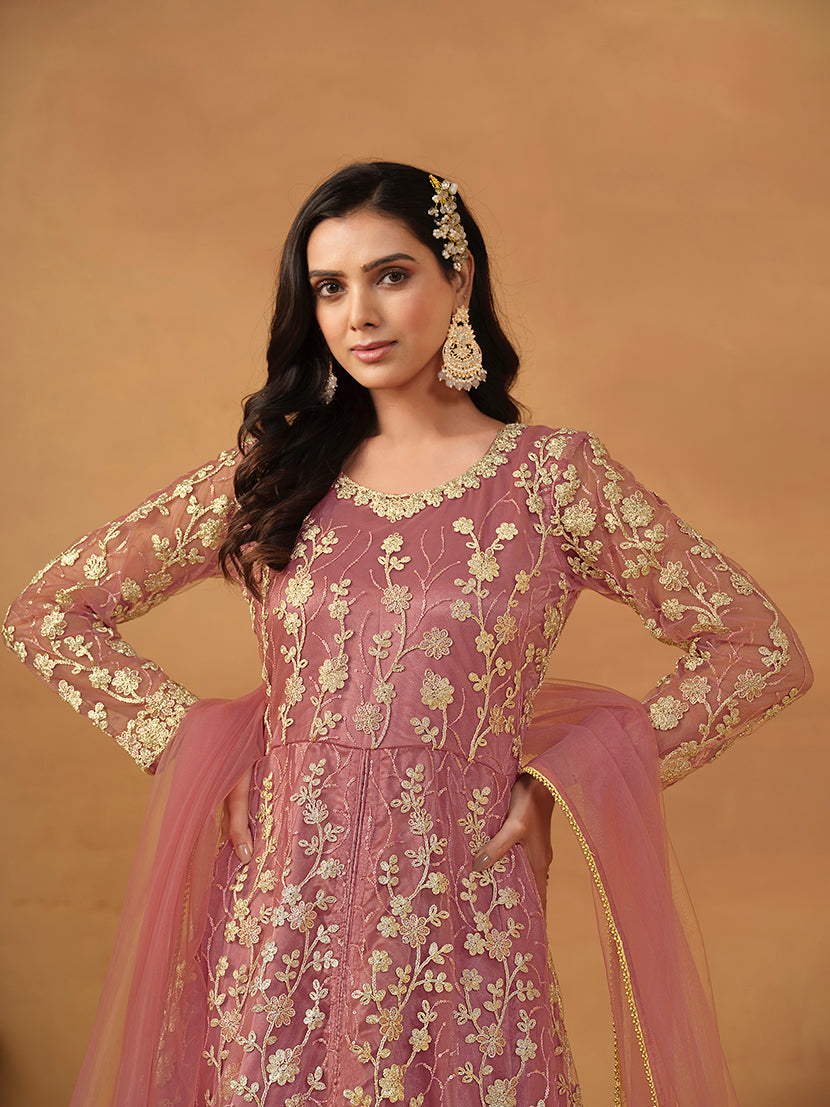 Monjolika Fashion Net Embroidered Pant Style Suit In Pink | Grocsy