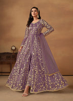 Monjolika Fashion Net Embroidered Pant Style Suit In Purple | Grocsy