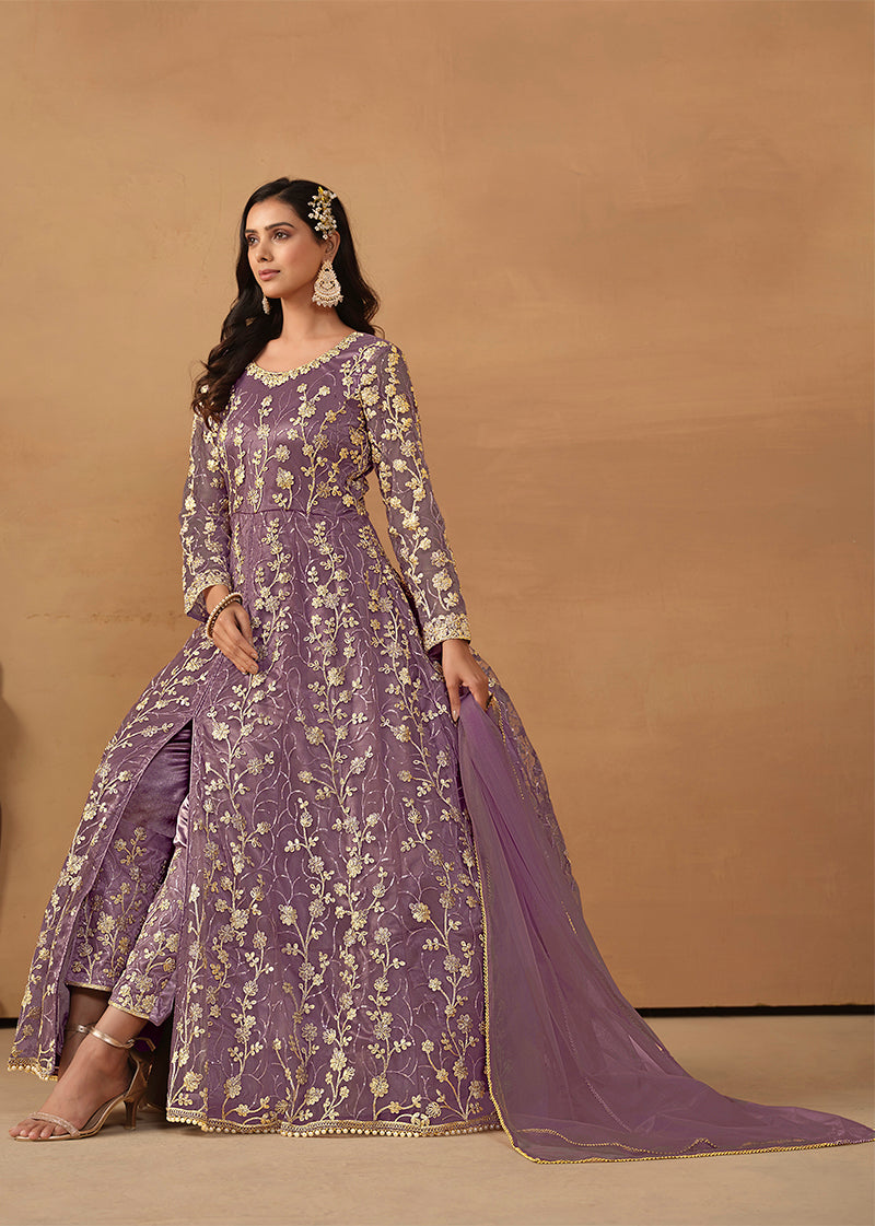 Monjolika Fashion Net Embroidered Pant Style Suit In Purple | Grocsy