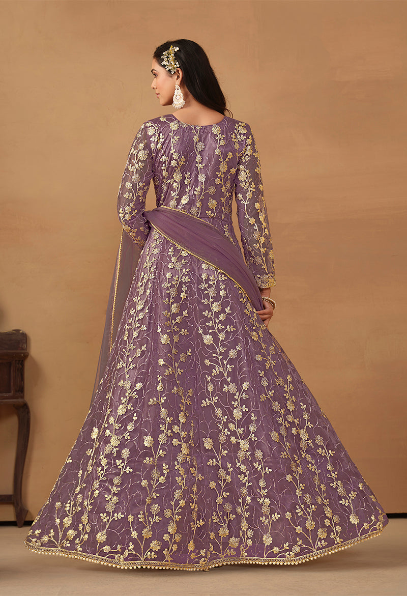 Monjolika Fashion Net Embroidered Pant Style Suit In Purple | Grocsy
