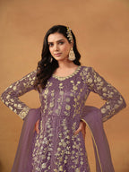 Monjolika Fashion Net Embroidered Pant Style Suit In Purple | Grocsy