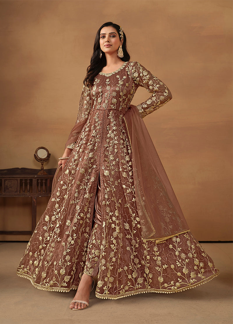 Monjolika Fashion Net Embroidered Pant Style Suit In Brown | Grocsy