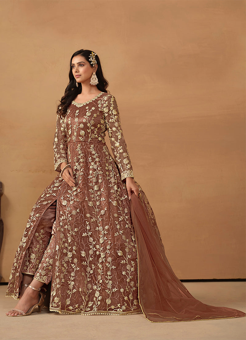 Monjolika Fashion Net Embroidered Pant Style Suit In Brown | Grocsy