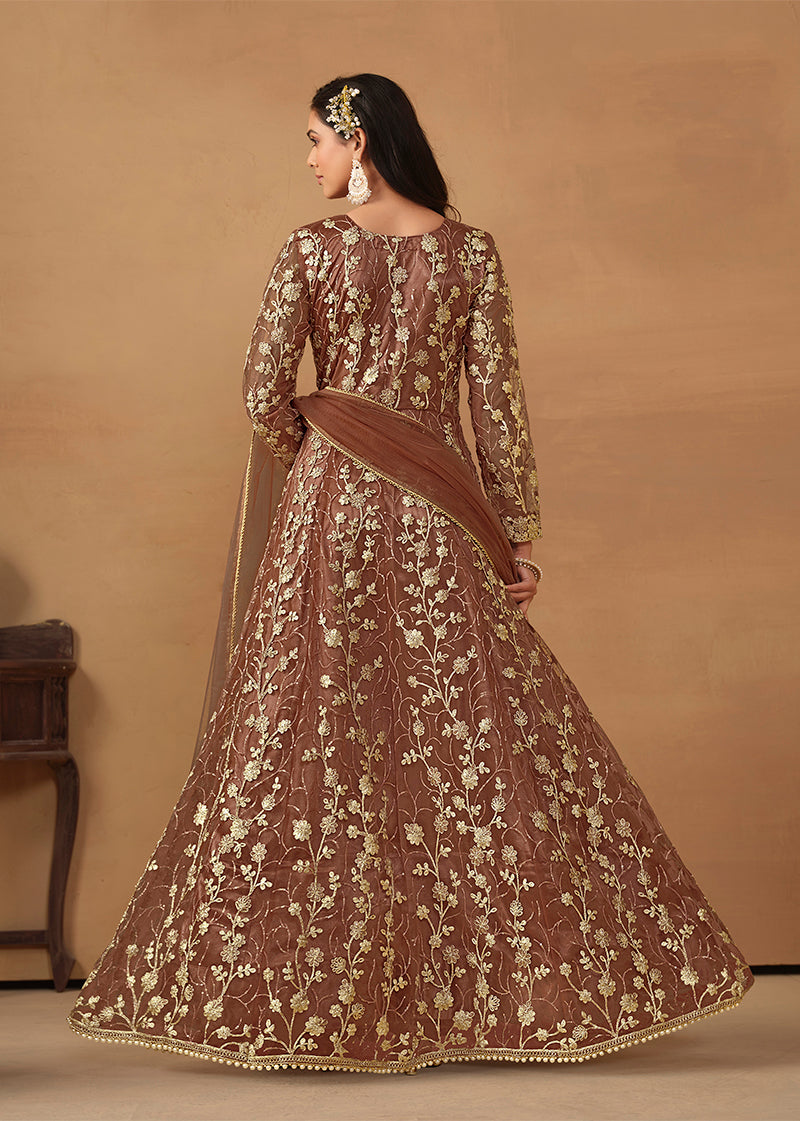 Monjolika Fashion Net Embroidered Pant Style Suit In Brown | Grocsy