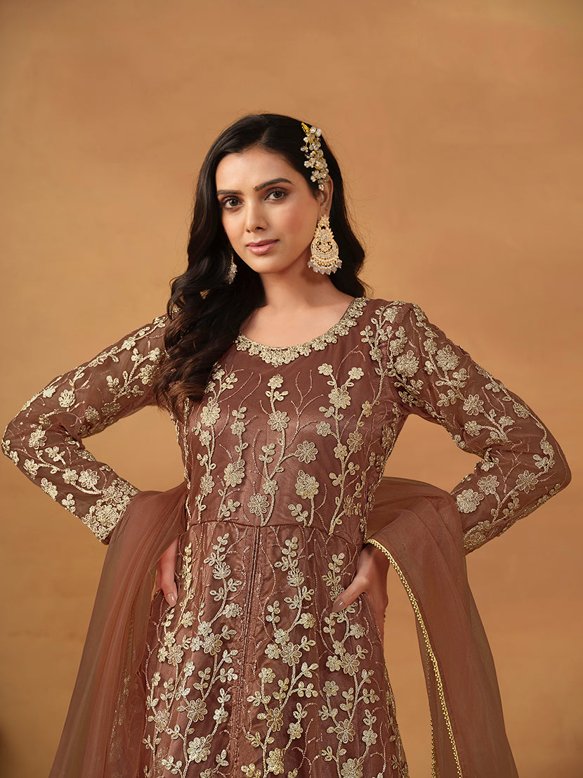 Monjolika Fashion Net Embroidered Pant Style Suit In Brown | Grocsy