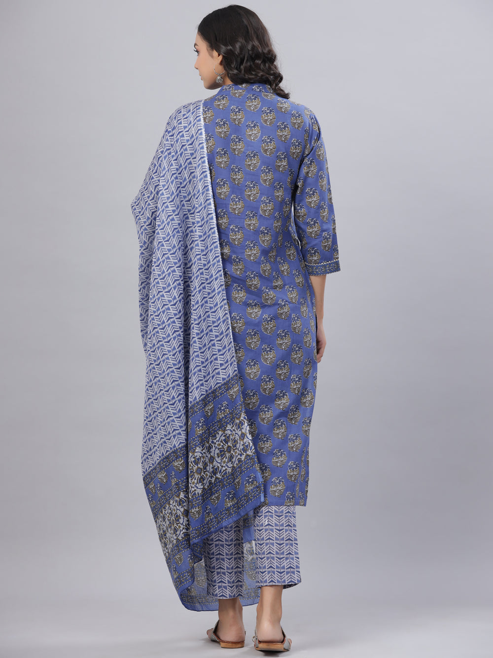 Juniper Women's Royal Blue Cotton Printed Straight Kurta Pant Dupatta Set | Grocsy
