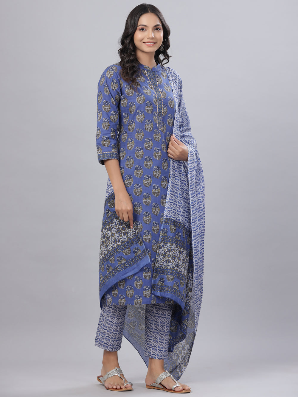 Juniper Women's Royal Blue Cotton Printed Straight Kurta Pant Dupatta Set | Grocsy